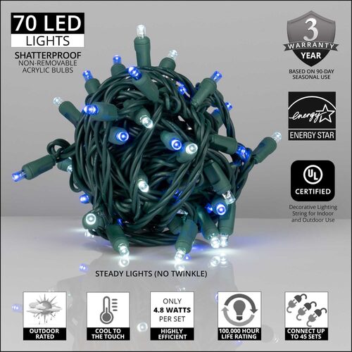 70 5mm Blue, Cool White LED Christmas Lights, Green Wire, 4" Spacing