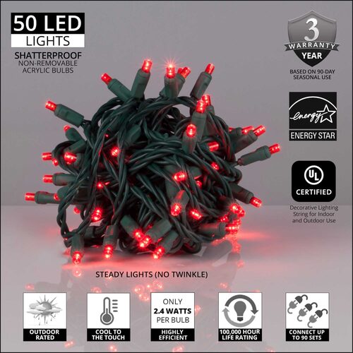 50 5mm Red LED Christmas Lights, Green Wire, 6" Spacing