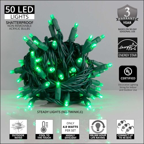 50 5mm Green LED Christmas Lights, Green Wire, 6" Spacing