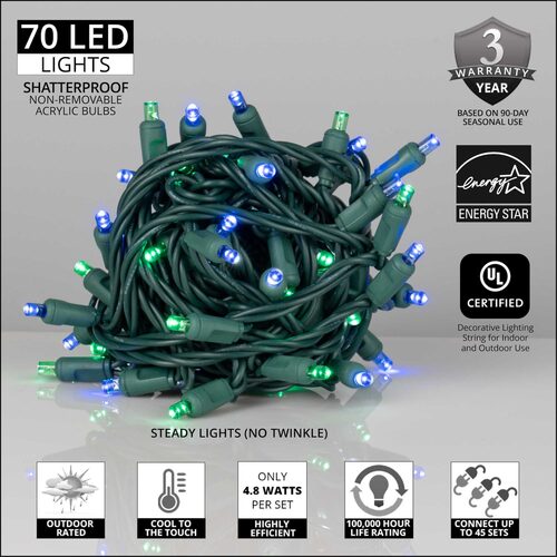 70 5mm Blue, Green LED Christmas Lights, Green Wire, 4" Spacing