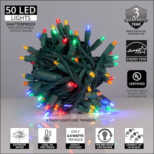 50 5mm Multi Color LED Christmas Lights, Green Wire, 6" Spacing