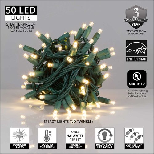 50 5mm Warm White LED Christmas Lights, Green Wire, 4" Spacing