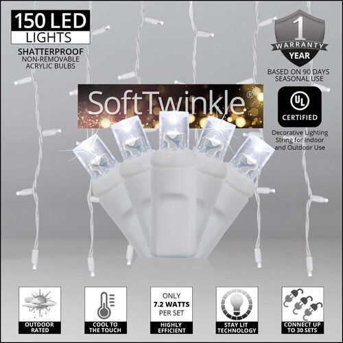 150 SoftTwinkle TM LED Curtain Lights, 66" Drops, 150 Cool White Lights, White Wire