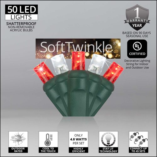 50 5mm Red, Cool White SoftTwinkle TM LED Christmas Lights, Green Wire, 4" Spacing