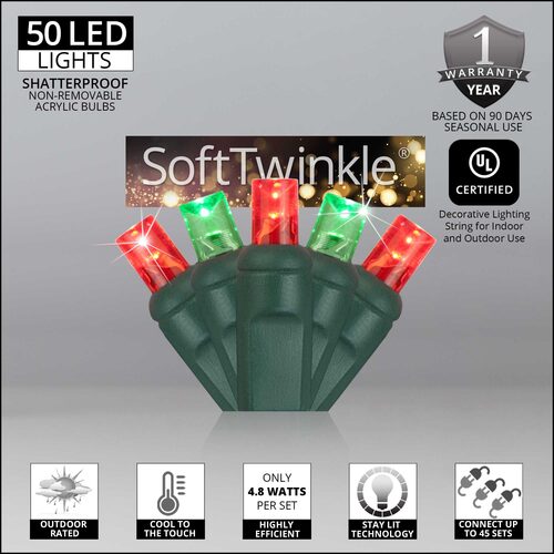 50 5mm Red, Green SoftTwinkle TM LED Christmas Lights, Green Wire, 4" Spacing