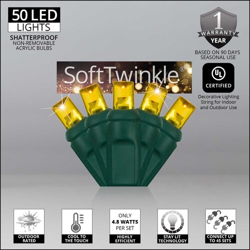 50 5mm Gold SoftTwinkle TM LED Christmas Lights, Green Wire, 4" Spacing