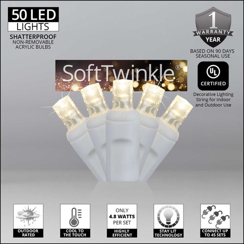 50 5mm Warm White SoftTwinkle TM LED Christmas Lights, White Wire, 4" Spacing