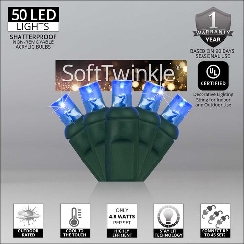 50 5mm Blue SoftTwinkle TM LED Christmas Lights, Green Wire, 4" Spacing