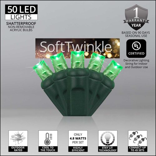 50 5mm Green SoftTwinkle TM LED Christmas Lights, Green Wire, 4" Spacing