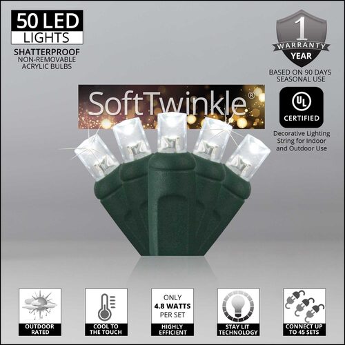 50 5mm Cool White SoftTwinkle TM LED Christmas Lights, Green Wire, 4" Spacing