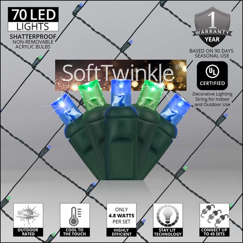 4' x 6' Blue, Green SoftTwinkle 5mm LED Christmas Net Lights, 70 Lights on Green Wire