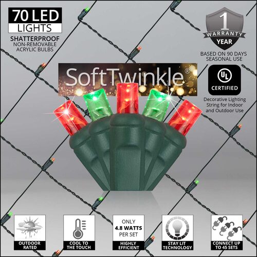 4' x 6' Red, Green SoftTwinkle 5mm LED Christmas Net Lights, 70 Lights on Green Wire