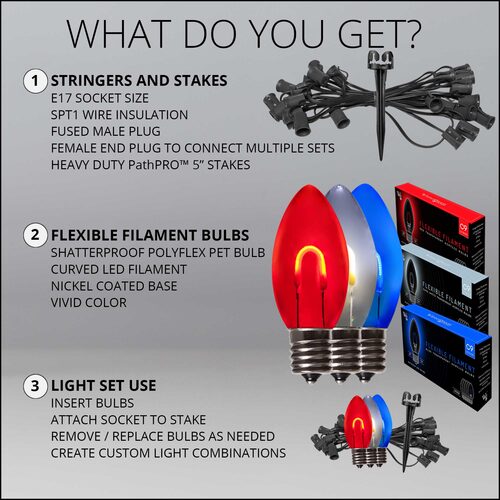 C9 Red / White / Blue FlexFilament Shatterproof Patriotic Pathway Lights, 15 Lights, 5 Inch PathPRO Stakes, 15'