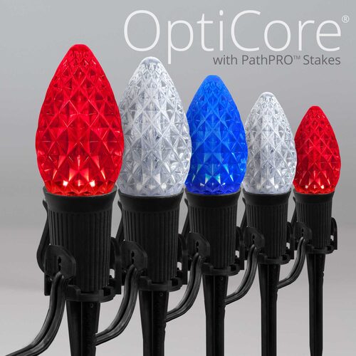 C7 Red / White / Blue OptiCore Patriotic Pathway Lights, 75 Lights, 5 Inch PathPRO Stakes, 75'