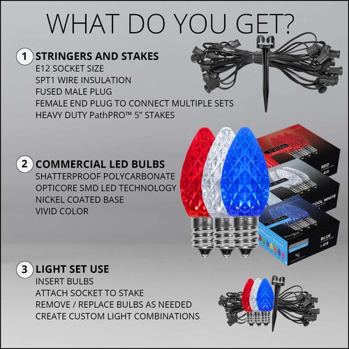 C7 Red / White / Blue OptiCore Patriotic Pathway Lights, 75 Lights, 5 Inch PathPRO Stakes, 75'