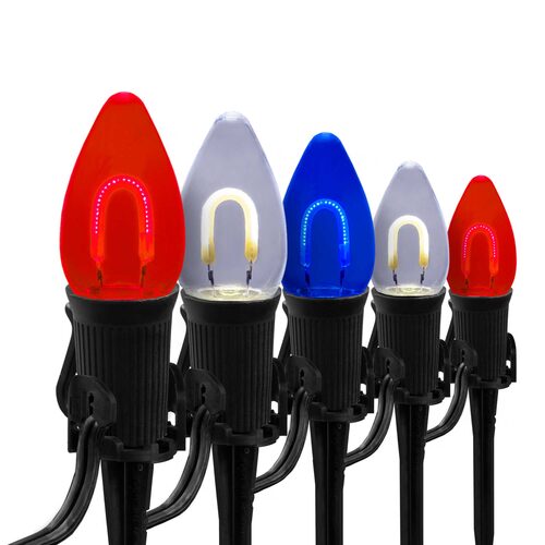 C7 Red / White / Blue FlexFilament Shatterproof Patriotic Pathway Lights, 15 Lights, 5 Inch PathPRO Stakes, 15'