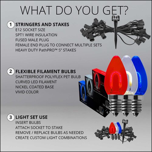 C7 Red / White / Blue FlexFilament Shatterproof Patriotic Pathway Lights, 15 Lights, 5 Inch PathPRO Stakes, 15'