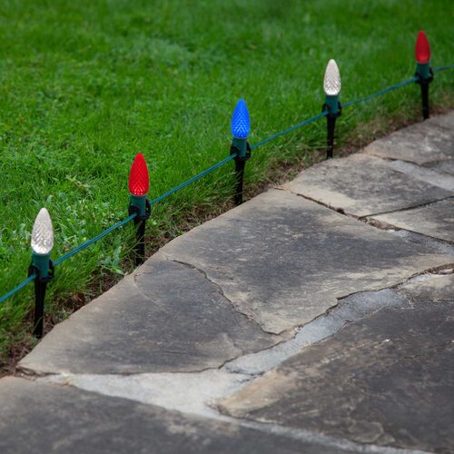 C9 Red / White / Blue OptiCore Patriotic Pathway Lights, 75 Lights, 5 Inch PathPRO Stakes, 75'