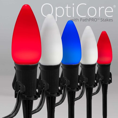 C9 Red / White / Blue Smooth OptiCore Patriotic Pathway Lights, 75 Lights, 5 Inch PathPRO Stakes, 75'