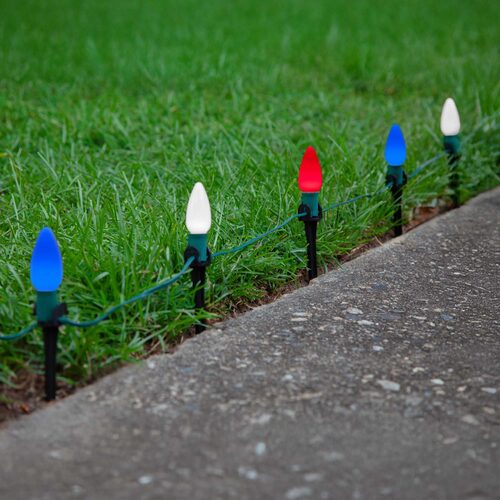 C9 Red / White / Blue Smooth OptiCore Patriotic Pathway Lights, 75 Lights, 5 Inch PathPRO Stakes, 75'