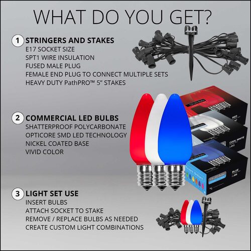 C9 Red / White / Blue Smooth OptiCore Patriotic Pathway Lights, 75 Lights, 5 Inch PathPRO Stakes, 75'