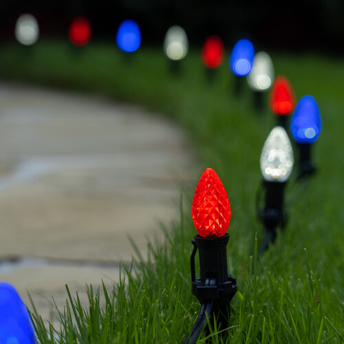 C7 Red / White / Blue OptiCore Patriotic Pathway Lights, 75 Lights, 5 Inch PathPRO Stakes, 75'
