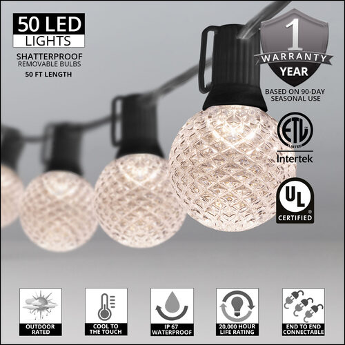 50' Warm White OptiCore LED Patio String Light Set with 50 G50 Bulbs on Black Wire, E12 Base