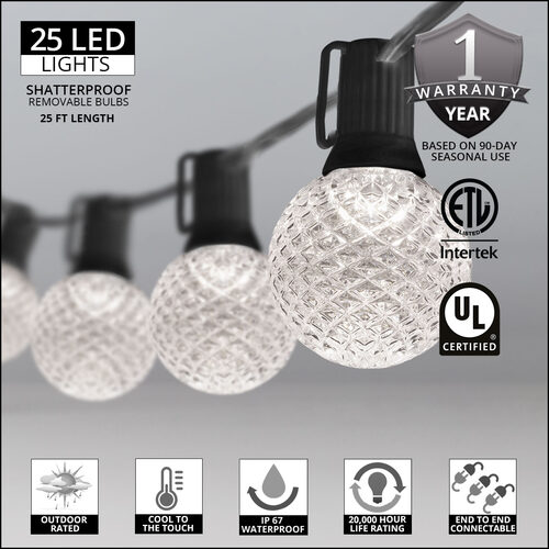 25' Cool White OptiCore LED Patio String Light Set with 25 G50 Bulbs on Black Wire, E17 Base