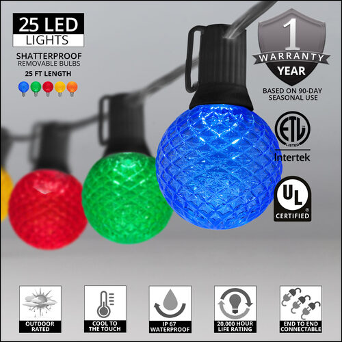 25' Multicolor OptiCore LED Patio String Light Set with 25 G50 Bulbs on Black Wire, E17 Base