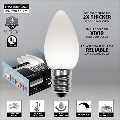 C7 Opaque Cool White OptiCore LED Bulbs