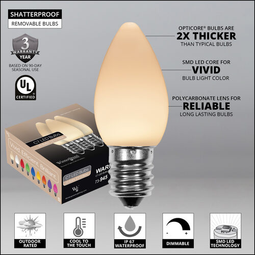C7 Warm White Smooth OptiCore Commercial LED Christmas Lights, 25 Lights, 25'