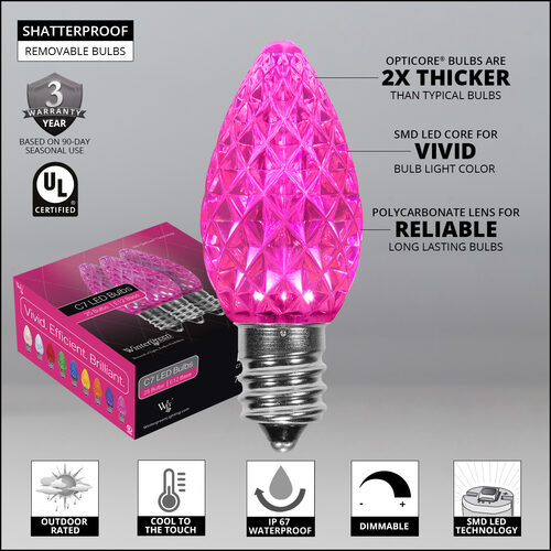 C7 Pink OptiCore Commercial LED Christmas Lights, 25 Lights, 25'