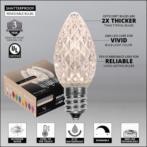C7 Warm White OptiCore Commercial LED Christmas Lights, 25 Lights, 25'