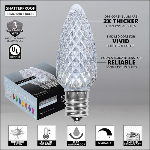 C9 Cool White OptiCore LED Bulbs, Box of 25
