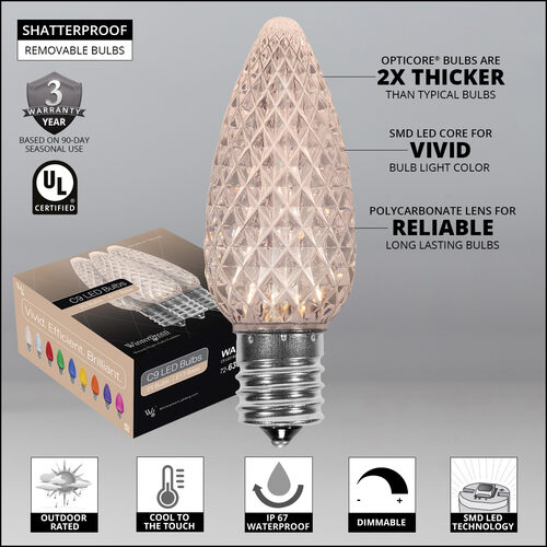 C9 Warm White OptiCore Commercial LED Christmas Lights, 25 Lights, 25'