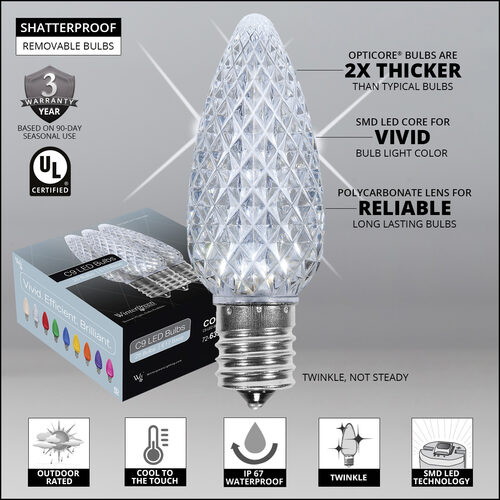 C9 Cool White Twinkle OptiCore Commercial LED Christmas Lights, 25 Lights, 25'