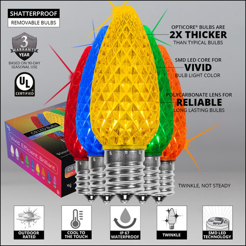C9 Twinkle Multicolor OptiCore LED Bulbs