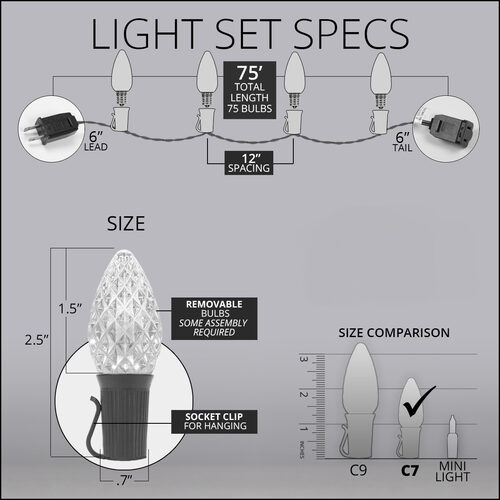 75' OptiCore LED Patio String Light Set with 75 C7 Red, White and Blue Lights, E12 Base, 12 Inch Spacing