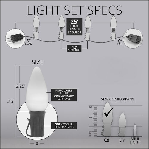 C9 Green Smooth OptiCore Commercial LED Christmas Lights, 25 Lights, 25'