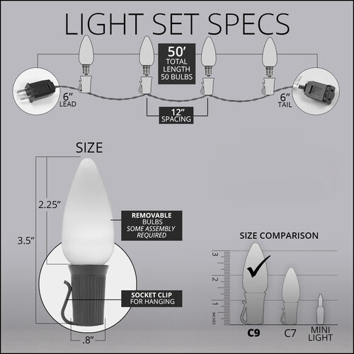C9 Red / Warm White Smooth OptiCore Commercial LED Christmas Lights, 50 Lights, 50'