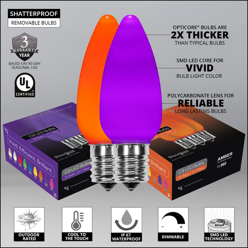 C9 Amber / Purple Smooth OptiCore Commercial LED Halloween Lights, 50 Lights, 50'