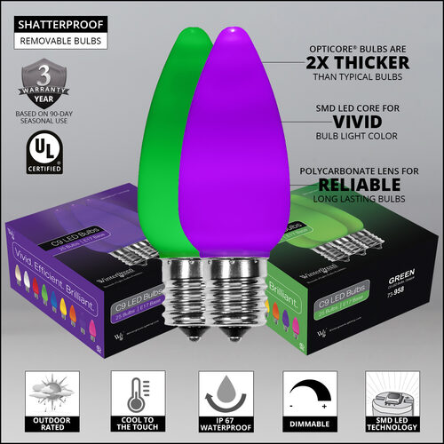 C9 Green / Purple Smooth OptiCore Commercial LED Halloween Lights, 50 Lights, 50'