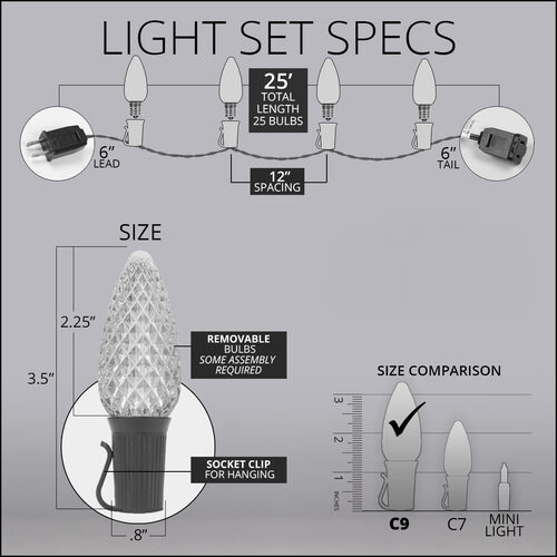 C9 Red OptiCore Commercial LED Christmas Lights, 25 Lights, 25'