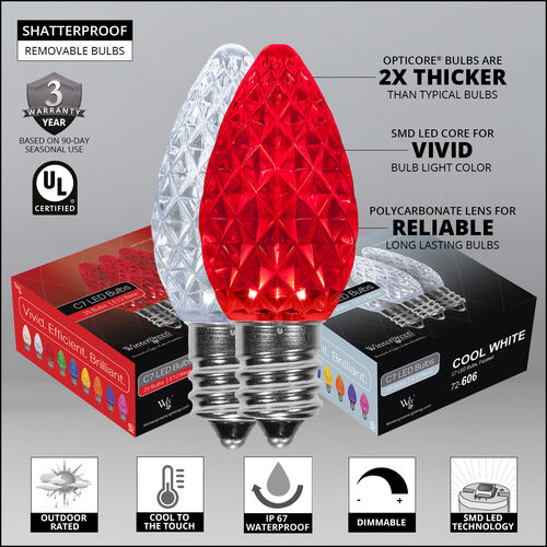 C7 Cool White / Red OptiCore Christmas Pathway Lights, 50 Lights, 5 Inch PathPRO Stakes, 50'