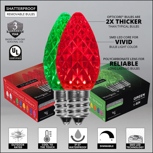 C7 Green / Red OptiCore Christmas Pathway Lights, 50 Lights, 5 Inch PathPRO Stakes, 50'