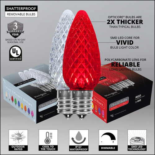 C9 Cool White / Red OptiCore Christmas Pathway Lights, 50 Lights, 5 Inch PathPRO Stakes, 50'
