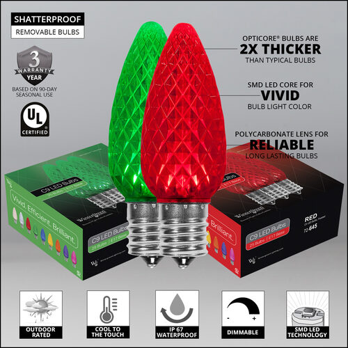 C9 Green / Red OptiCore Commercial LED Christmas Lights, 50 Lights, 50'