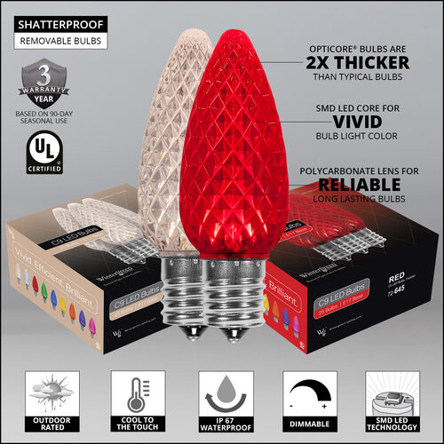 C9 Red / Warm White OptiCore Commercial LED Christmas Lights, 50 Lights, 50'