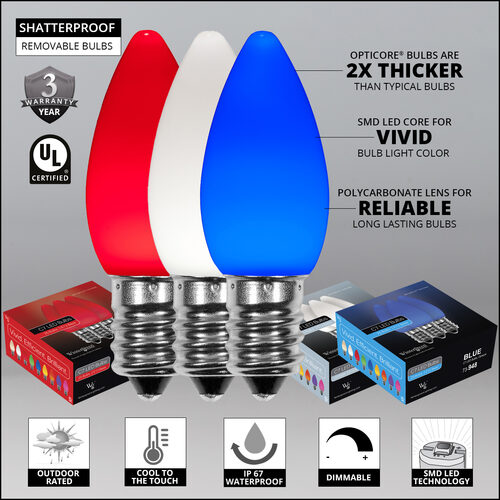 75' OptiCore LED Patio String Light Set with 75 C7 Red, White and Blue Lights, E12 Base, 12 Inch Spacing