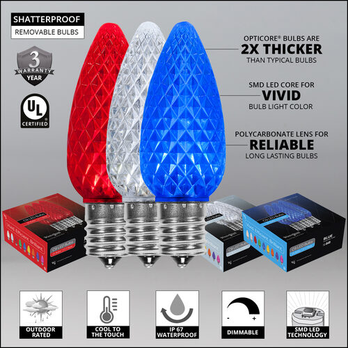 C9 Red / White / Blue OptiCore Patriotic Pathway Lights, 75 Lights, 5 Inch PathPRO Stakes, 75'